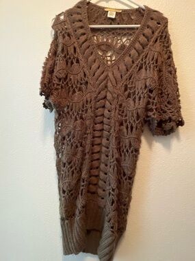 Irene’s Story Women’s Open Knit V-Neck Sweater Tunic - Brown
